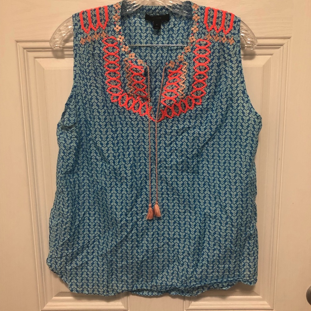 Jcrew printed embroidered sleeveless tassel top
